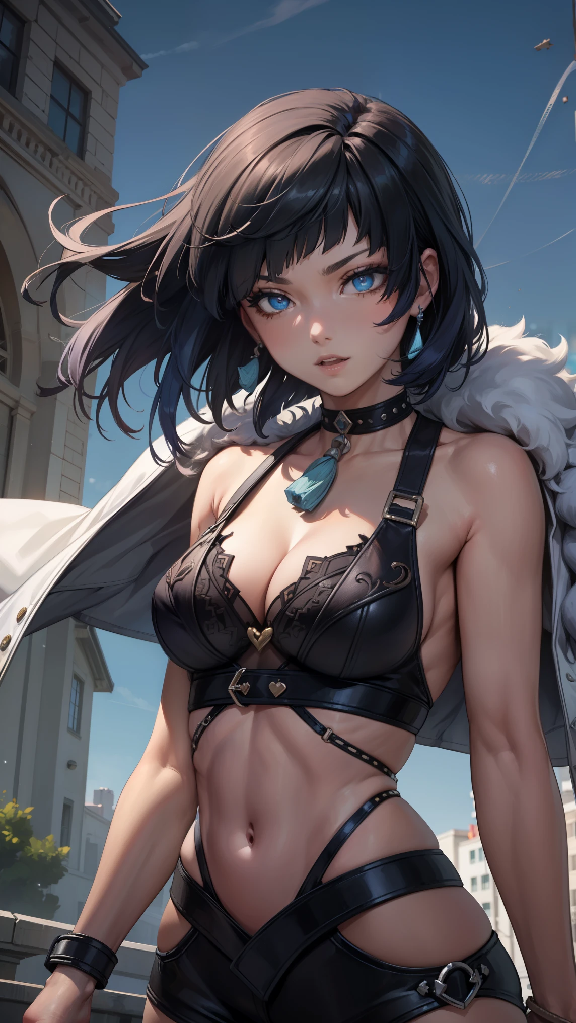 crop top, (gradient hair), black hair, blue hair, short hair, blue eyes, yelendef
BREAK (garterbelt, black fabric, fabric and metal straps, leather straps, embroidery:1.2),
BREAK The upper part of the body，（big laughter：1.1），（with her mouth open：1.1），（opens his eyes wide：1.2），strong lights，Background bokeh，depth of fields，blur backgroun，light particules，strong winds， （heart particles：1.1）,
BREAK (masterpiece:1.2), best quality, high resolution, unity 8k wallpaper, (illustration:0.8), (beautiful detailed eyes:1.6), extremely detailed face, perfect lighting, extremely detailed CG, (perfect hands, perfect anatomy),