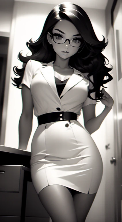 Average 20yr old girl, brunette, detailed, toned body, simple, Noir et blanc, monochrome, looking at viewer, secretary dress knee length, plain looking, glasses