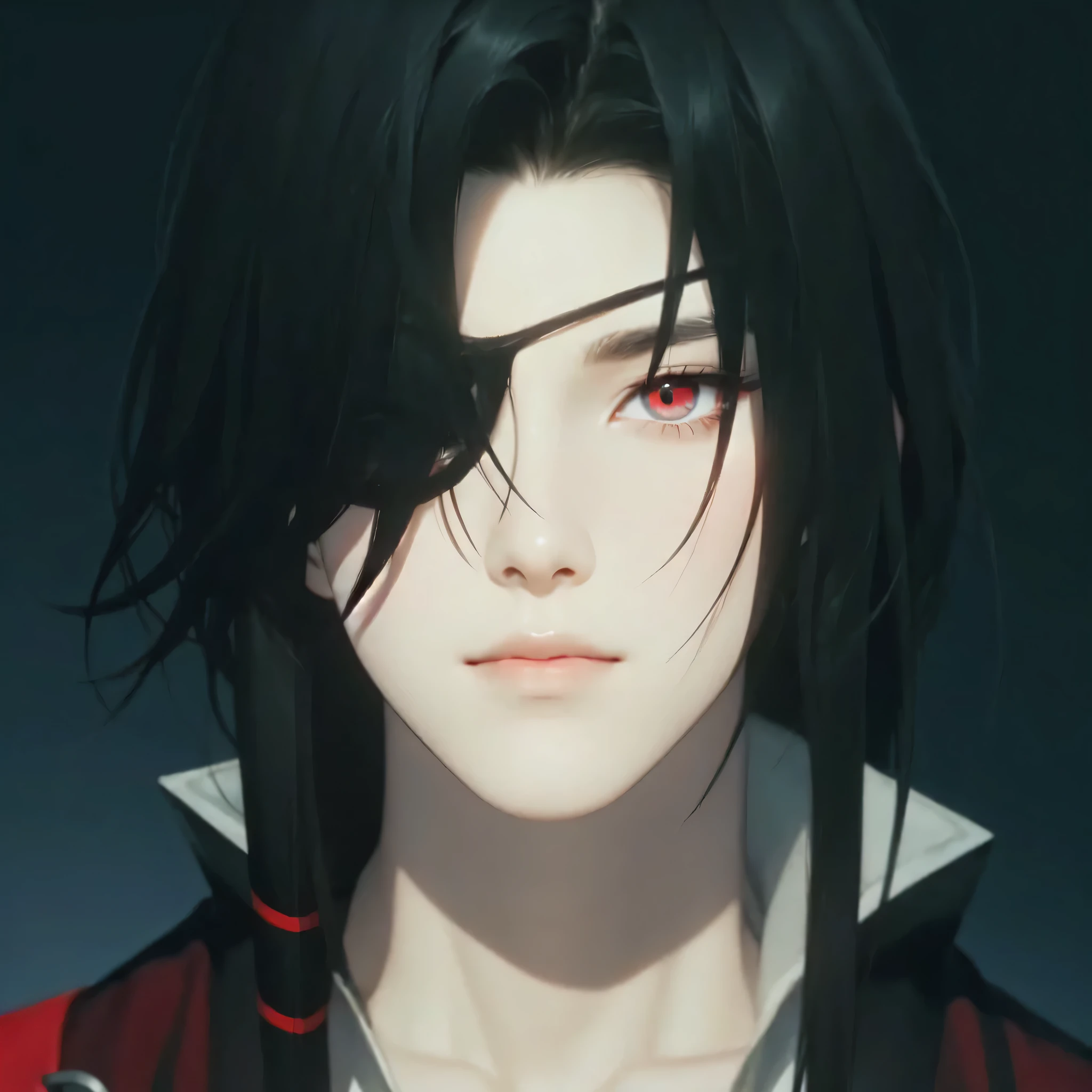 1man, perfect eye, perfect illumination, black hair, red eyes, unreal engine, sidelighting, detailed face, bangs, bright skin, simple background, dark background