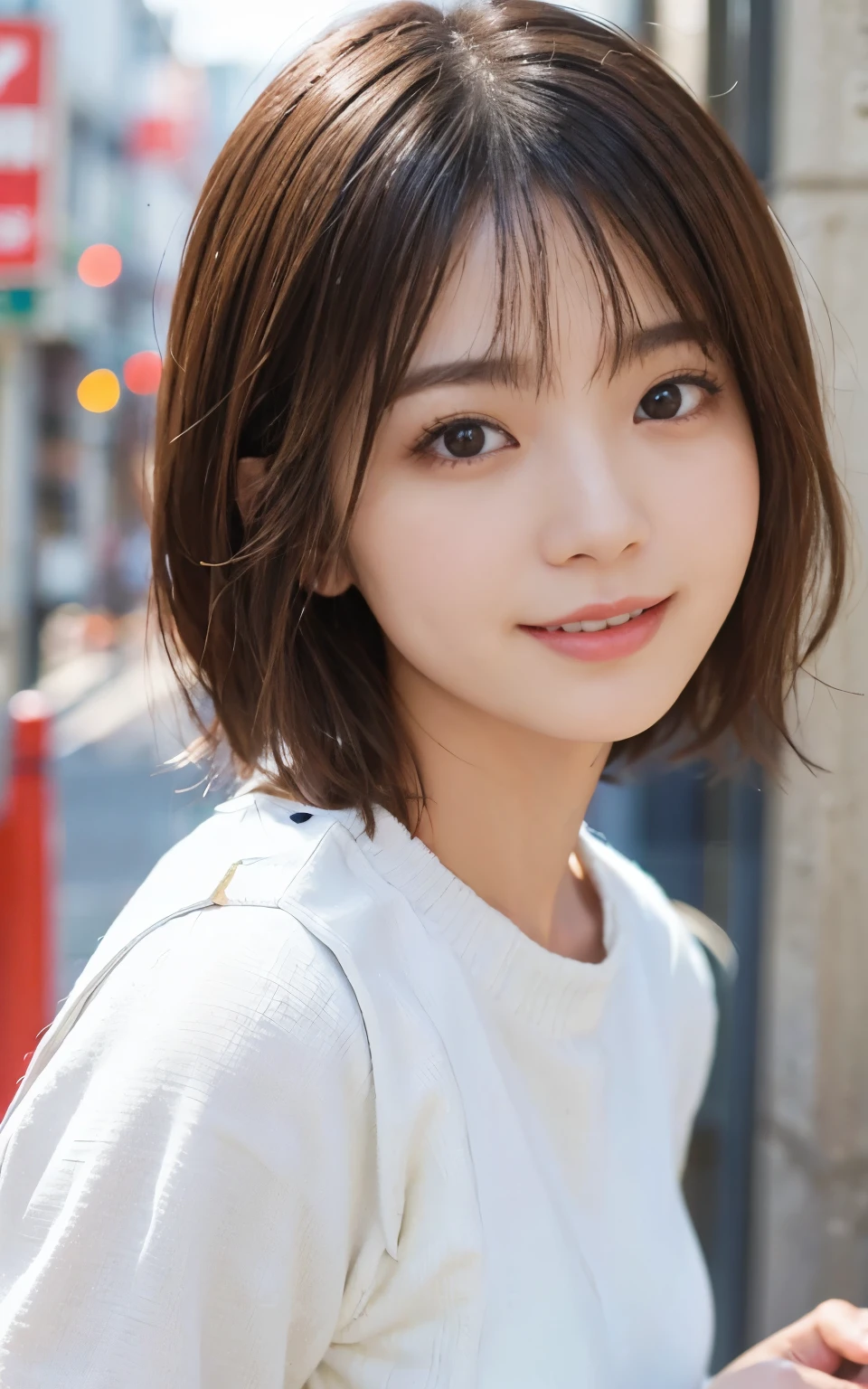 Cute 21 year old Japanese、city、shopping、Super detailed face、Pay attention to the details、double eyelid、Beautiful thin nose、Sharp focus:1.2、Beautiful woman:1.4、(Light brown hair,short hair、),Pure white skin、highest quality、masterpiece、Ultra-high resolution、(Photorealistic:1.4)、Highly detailed and professional lighting、nice smile、Show your whole body、Cute autumn clothes、