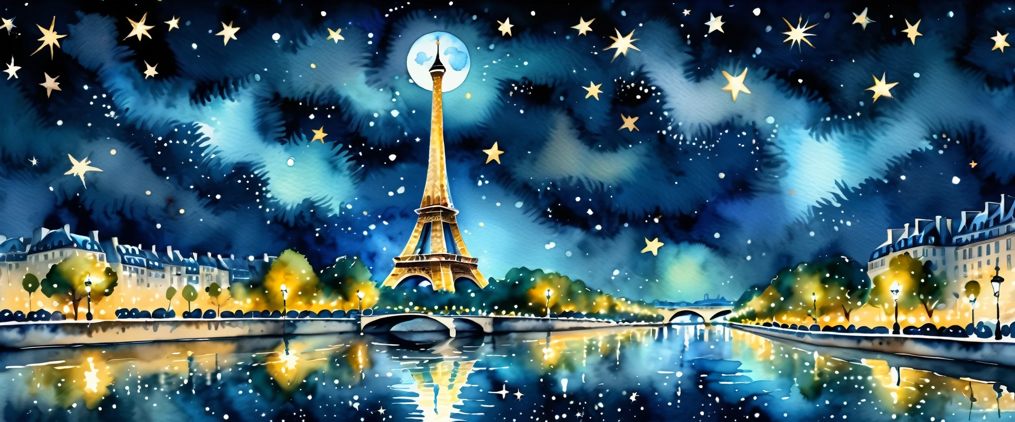 (Absurdres:1.2), exquisitely detailed shimmer night landscape of Paris, ethereal, stars, dark glimmer, Shimmer, approaching perfection, ultra-high quality, bokeh, dynamic angle, volumetric lighting, 8k resolution, watercolor painting | ((More_Detail))