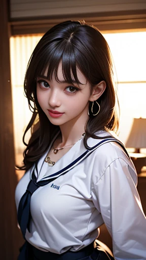 Shot alone)、((((17 years old beautiful girl))))perfect style、anime girl、beautiful anime woman、anime girl 、Adorable anime girl、Beautiful anime girl、Beautiful Asian Girl Ever、perfect girl、japanese goddess 、surreal anime、best quality、masterpiece、enlightenment、very delicate and beautiful、very detailed、 nffsw, 8k wallpaper, grow, attention to detail, masterpiece, highest quality, art by, AJC 8k wallpaper is very detailed, Huge file size, super detailed, High resolution, Ultra - High resolution, very detailed, Details of a beautiful girl, The eyes and face are very detailed, beautiful and fine eyes, (RAW photo、highest quality), (realistic, photorealism:1.3),, light shines on your face, (brown haired: 1.3), chubby chest, beautiful loose hair、(eye swelling)、(K-POPアイドル))、(attractive)、bangs、(Attraction pose)))、dark eyeliner、long eyelashes、erotic、fringe、small earrings、small necklace、((laughter))、((sailor suit)),(((pleated skirt)))、(sweaty white skin)、Attractive breasts and ass、attraction、sexual、it's wet、very beautiful skin、long and beautiful legs、(Photoreal: 1.4), nice detailed eyes, dark eye makeup,(please show me your legs)、(see through the feet),((alone / alone Focueauty legs,(17 years old),(((high school girl beautiful girl)))、wide hips、Huge