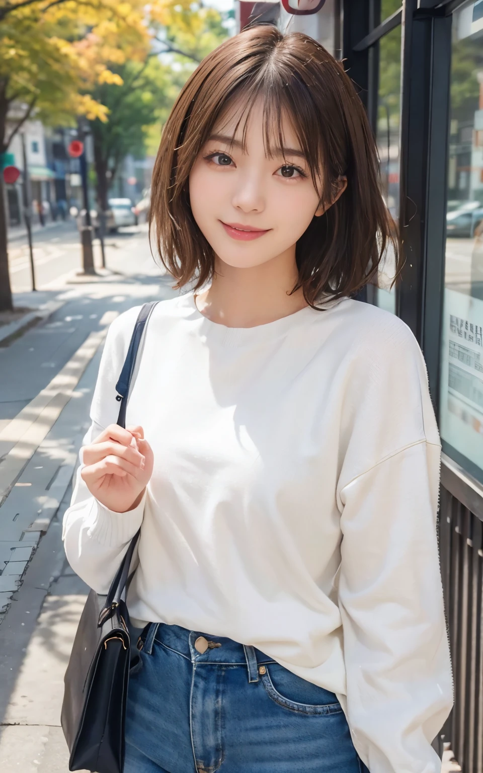 Cute 21 year old Japanese、city、shopping、Super detailed face、Pay attention to the details、double eyelid、Beautiful thin nose、Sharp focus:1.2、Beautiful woman:1.4、(Light brown hair,short hair、),Pure white skin、highest quality、masterpiece、Ultra-high resolution、(Photorealistic:1.4)、Highly detailed and professional lighting、nice smile、Show your whole body、Cute autumn clothes、