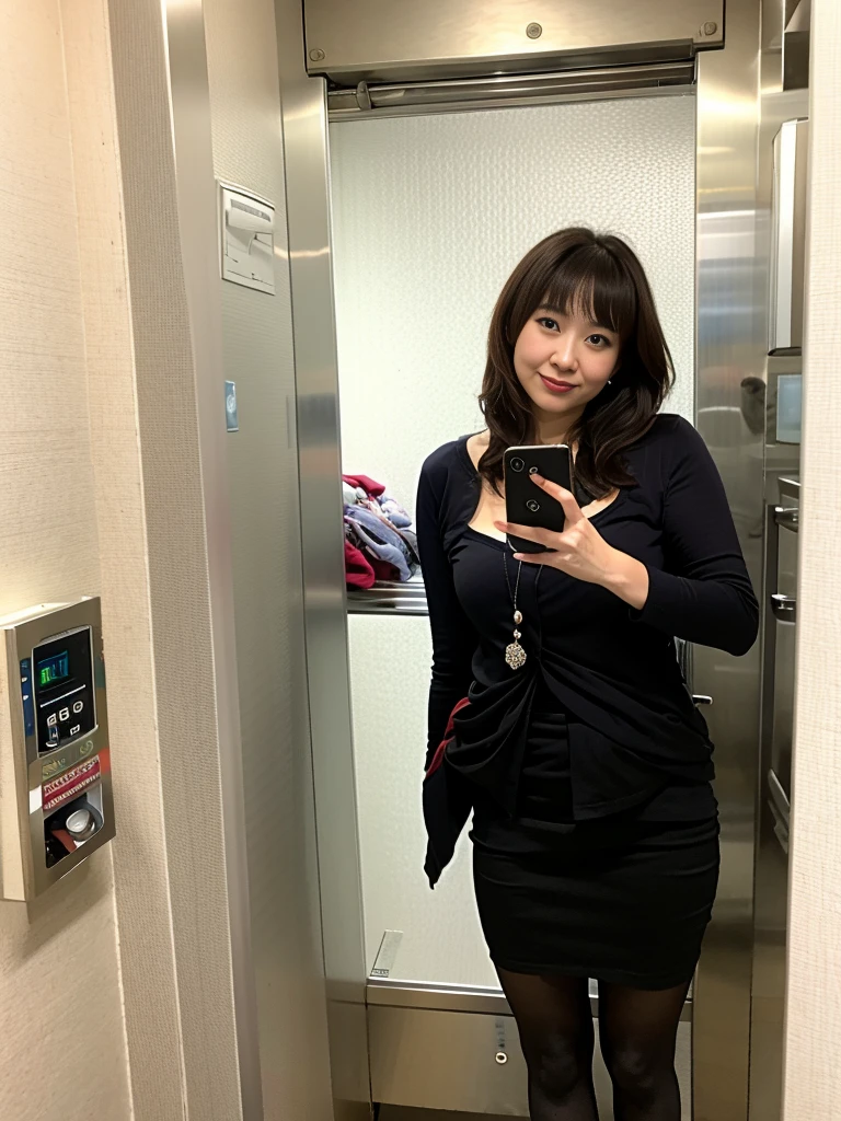cardigan,tight mini skirt,pantyhose,inside the elevator,selfie