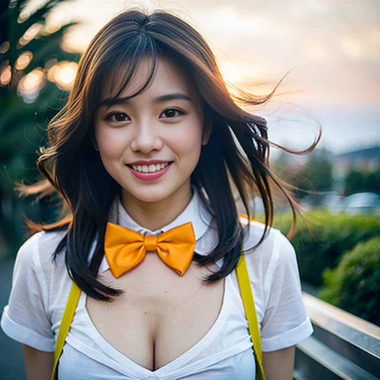 8K images, Shot with a high quality Fuji 45 camera.,000,000 pixels raw photo, best quality, Masterpiece:1.2), (realistic, photo-realistic:1.37), very detailed,
1 woman,cute, alone,Beautifully detailed sky,Detailed cafe,nighttime,sit,Dating,(nose blush),(smile:1.1),(gag),big breasts, seductive smile, wide aperture, professional lighting, Sony A7R4, 50mm sessile lens. 2 medium sized breasts,Beautifully detailed eyes,(Sexy dark orange t-shirt:1.1), bow tie,pleated skirt, Long hair floats up:1.2),floating hair