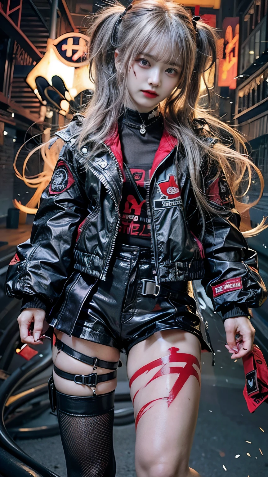 cyberpunk_(series) cyberpunk_edgerunners rebecca_(cyberpunk) highres spoilers 1girl artificial_eye black_jacket blood blood_from_eyes blood_from_mouth colored_sclera colored_skin corpse death flower flower_over_eye green_hair ((guro)) jacket mechanical_eye neck_tattoo open_clothes open_jacket petals pink_tattoo red_eyes red_sclera signature solo stomach_tattoo symbol_in_eye tattoo twintails twitter_username white_skin yellow_eyes