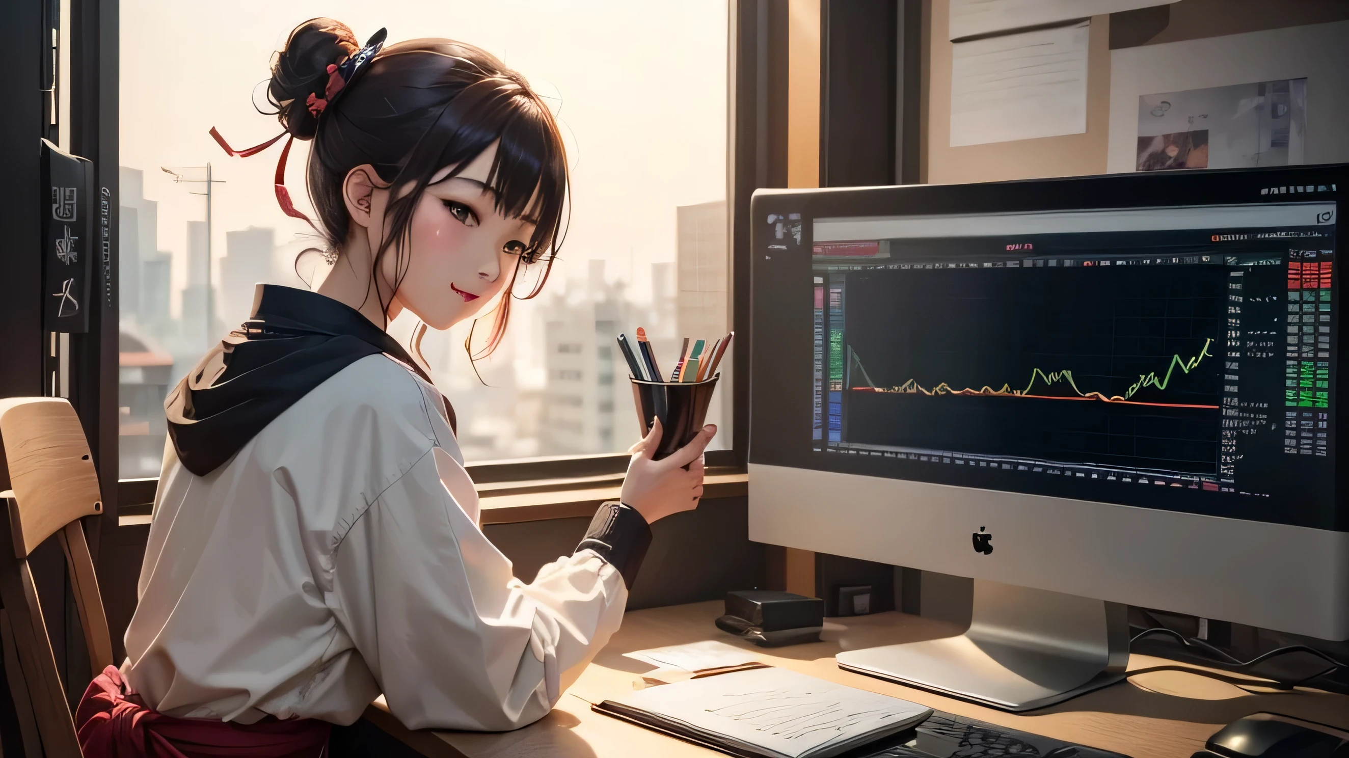 Please make the monitor bigger、(Digital Painting)、(highest quality)、male、A male sitting in front of a large chart screen、Not a woman、look back、Chart FX、A male is operating a computer mouse、In the background is a glowing candlestick chart.、Huge Forex and Index Charts、Graph showing price fluctuations、championship、trader、Monitor currency charts、FX、exchange、Ukiyo-e art style、Hokusai's inspiration、Popular deviant art、8K Ultra Real、Pastel color scheme、Vibrancy、smile