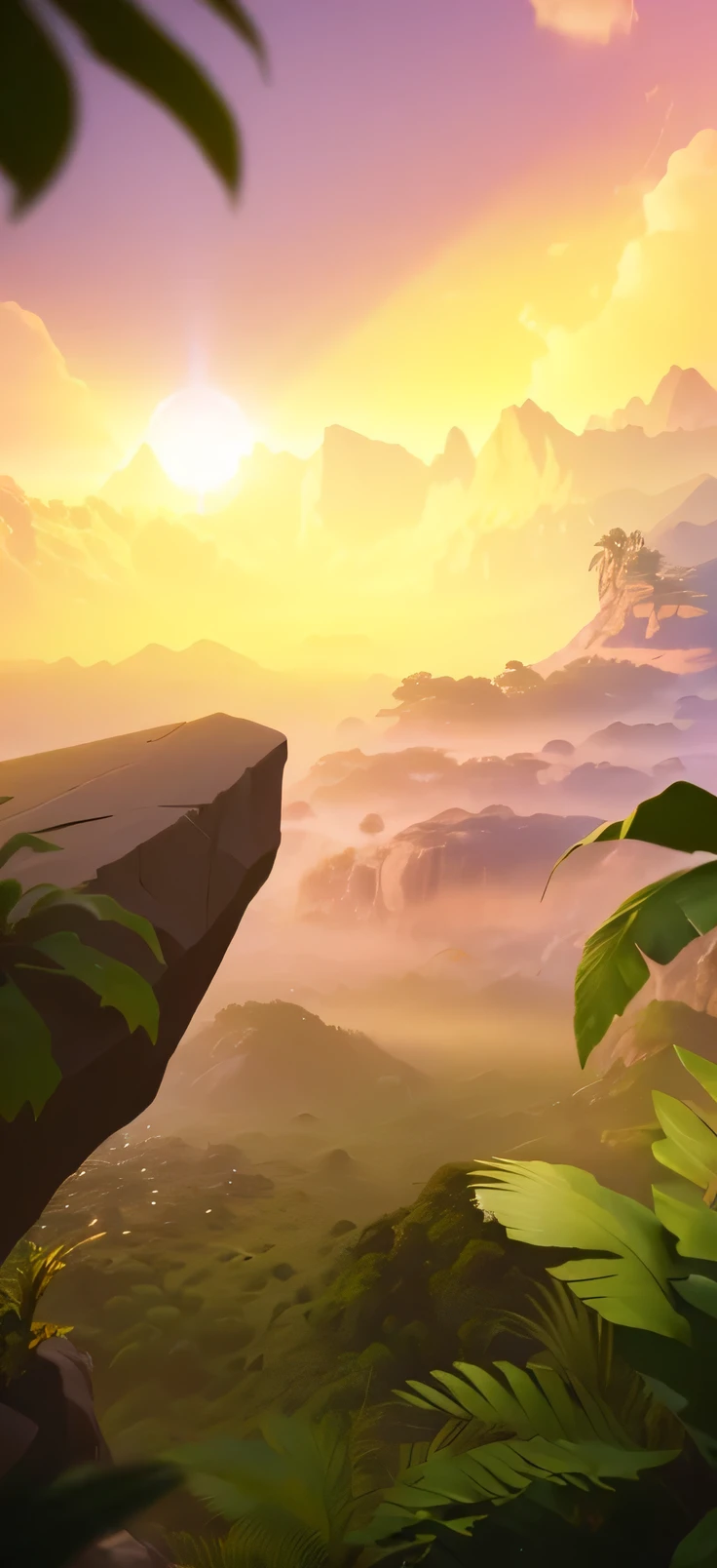 A man standing on a cliff, beautiful sunlight, VR operating system user experience, unified screenshot, rendered in Unity 3D, jungle in the background, jungle environment, background jungle, background artwork, cinematic shot, tropical atmosphere, stylized 3D rendering, game environment, cliff edge, rendered in Unreal Engine, computer screenshot