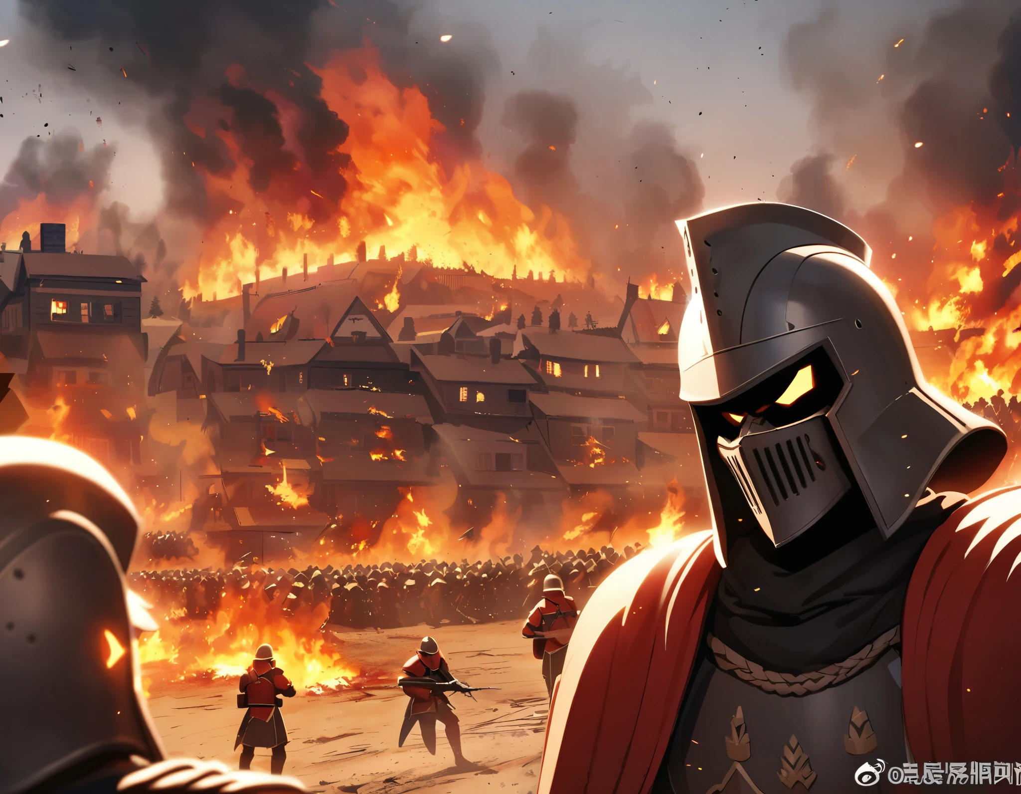 Close view of a royal guard, standin, talking, open mouth, angry, battle field, burning houses