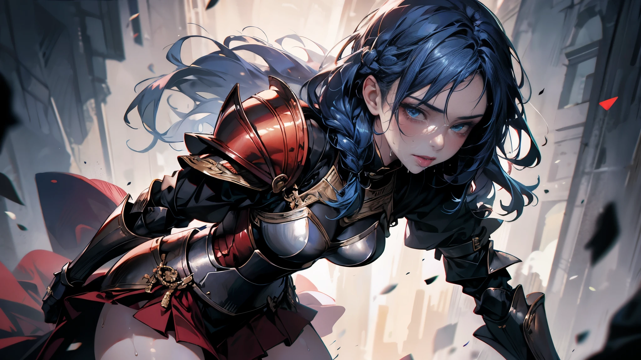 ((Best quality, 8K, Masterpiece: 1.3, 1girl, solo, Beautiful girl)), cute, Dynamism, Detailed face, Detailed skin, detailed clothes, Detailed eyes, Detailed lips, Detailed tongue, Detailed fingers, Detailed mouth, Photorealistic, Raw photo, highres, Natural lighting, dynamic pose, perfect anatomy, toned legs, double eyelids, tear bags, round eyes, moist lips, sweaty, ecstatic face, ((armor knight, red armor)), sideboob, skirt, half closed eyes, steam:1.5, sheer, wet clothes, sky, rainbow hair, blue hair, braided hair, long hair, looking at viewer, drooling, wet body, detached sleeves, erect nipples:0.5, pov