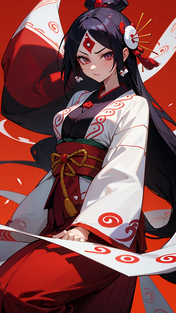 anime、Pencil drawing、sketch、a typical Japanese red circle in the middle on a white background、A classic Japanese model、Japanese in a typical Japanese kimono、wearing a fox mask with bloodstains on a kimono、Holding a sword、from the front、Open cleavage、Open kimono、beautiful、Long Hair、Hand-drawn with colored pencils、部分的に色を付けたsketchのようなもの、Based on black and white、An imposing design with subtle accents of red.