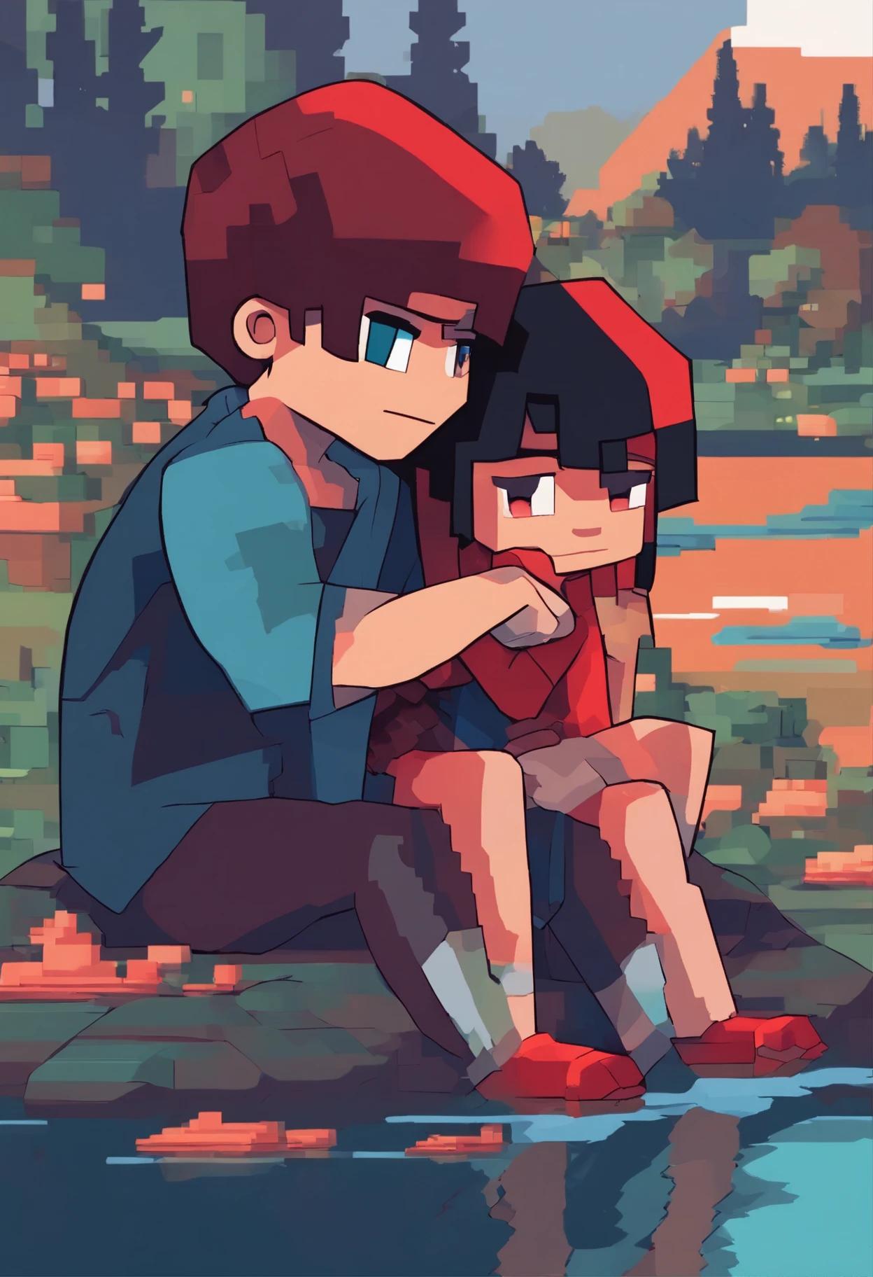 a boy sitting near a river hugging a girl with black hair with red
