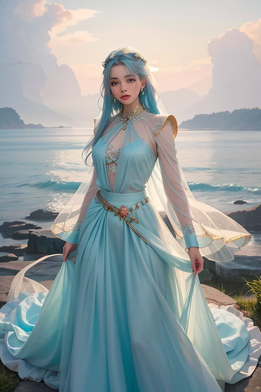 Fantasy Art, Photorealism, Ethereal Atmosphere, Gorgeous Light and Shadow, 4K Quality, Tyndall Effect, Halo, High Quality Masterpiece, Eye Light, Peerless Beauty Fantasy, Bright and Colorful, Extremely Delicate and Beautiful, Neon Blue Hair, Dreamy and Absolutely Beautiful Silk Clothes, Ligh and Dreamy Fairy-like Streamers, Clothes that don't make you look bulky, Beautiful Forehead Ornaments, Rose Hair Accessories, Rose Earrings, Gorgeous and Spellbinding Long Skirt Draped Across the Screen Filling the Surroundings (Clarity), Dream-