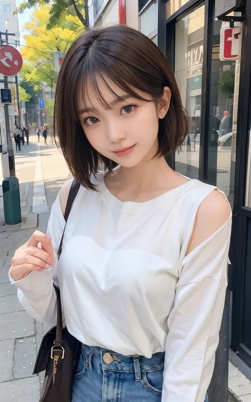 Cute 21 year old Japanese、city、shopping、Super detailed face、Pay attention to the details、double eyelid、Beautiful thin nose、Sharp focus:1.2、Beautiful woman:1.4、(Light brown hair,short hair、),Pure white skin、highest quality、masterpiece、Ultra-high resolution、(Photorealistic:1.4)、Highly detailed and professional lighting、nice smile、Show your whole body、Cute autumn clothes、