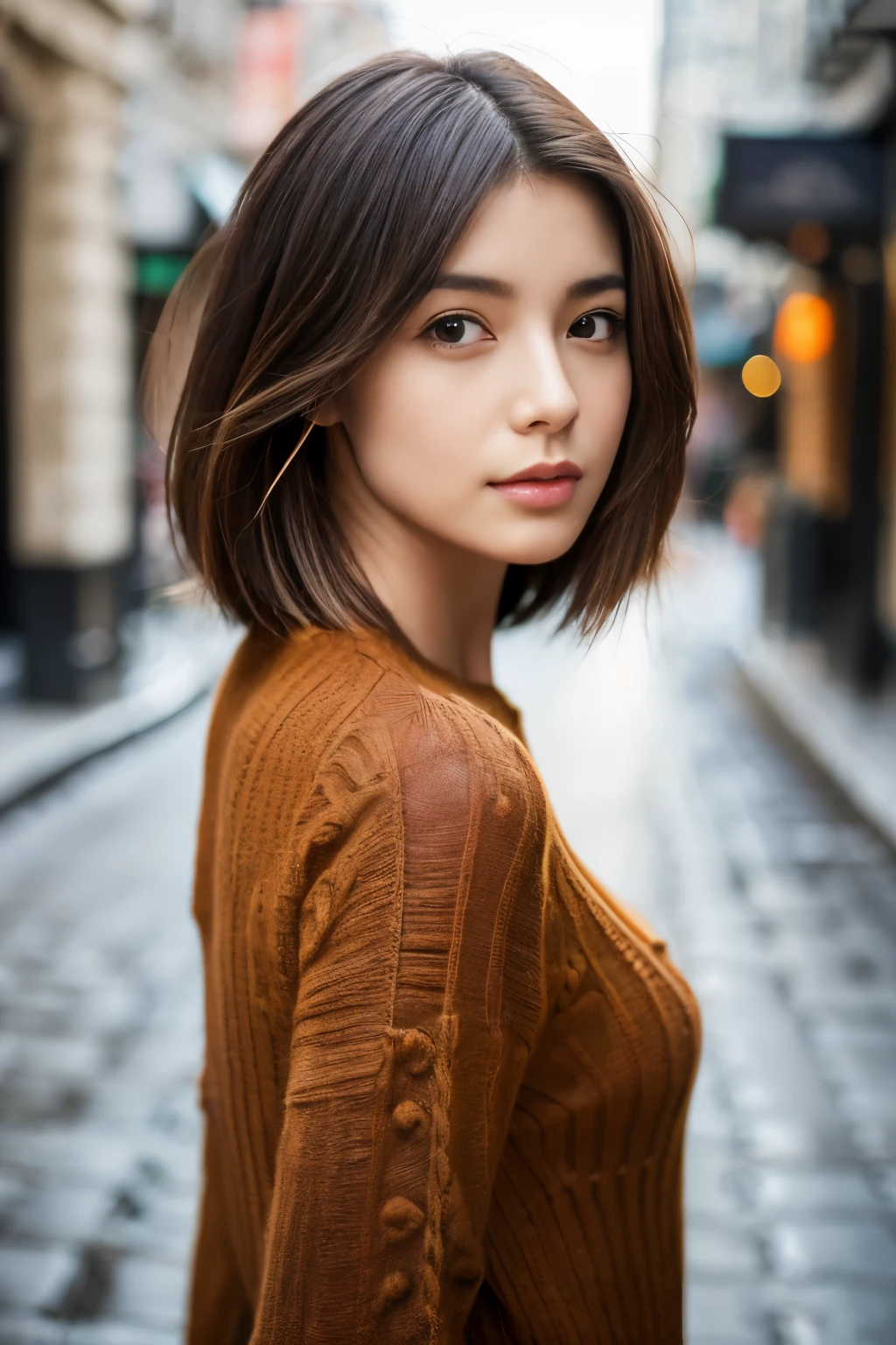 ((Top quality、8K、masterpiece:1.3))、Sharp focus:1.2、Beautiful woman with perfect body:1.4、Slim abs:1.2、((Bob Hale、Straight Hair:1.2))、(Dark orange knitwear、denim:1.1)、(rain、a street:1.2)、Damp body:1.5、3D Textures、Delicate eyes、brown hair、Hair is very shiny、Rear view、Improve hair quality、Korean hairstyle