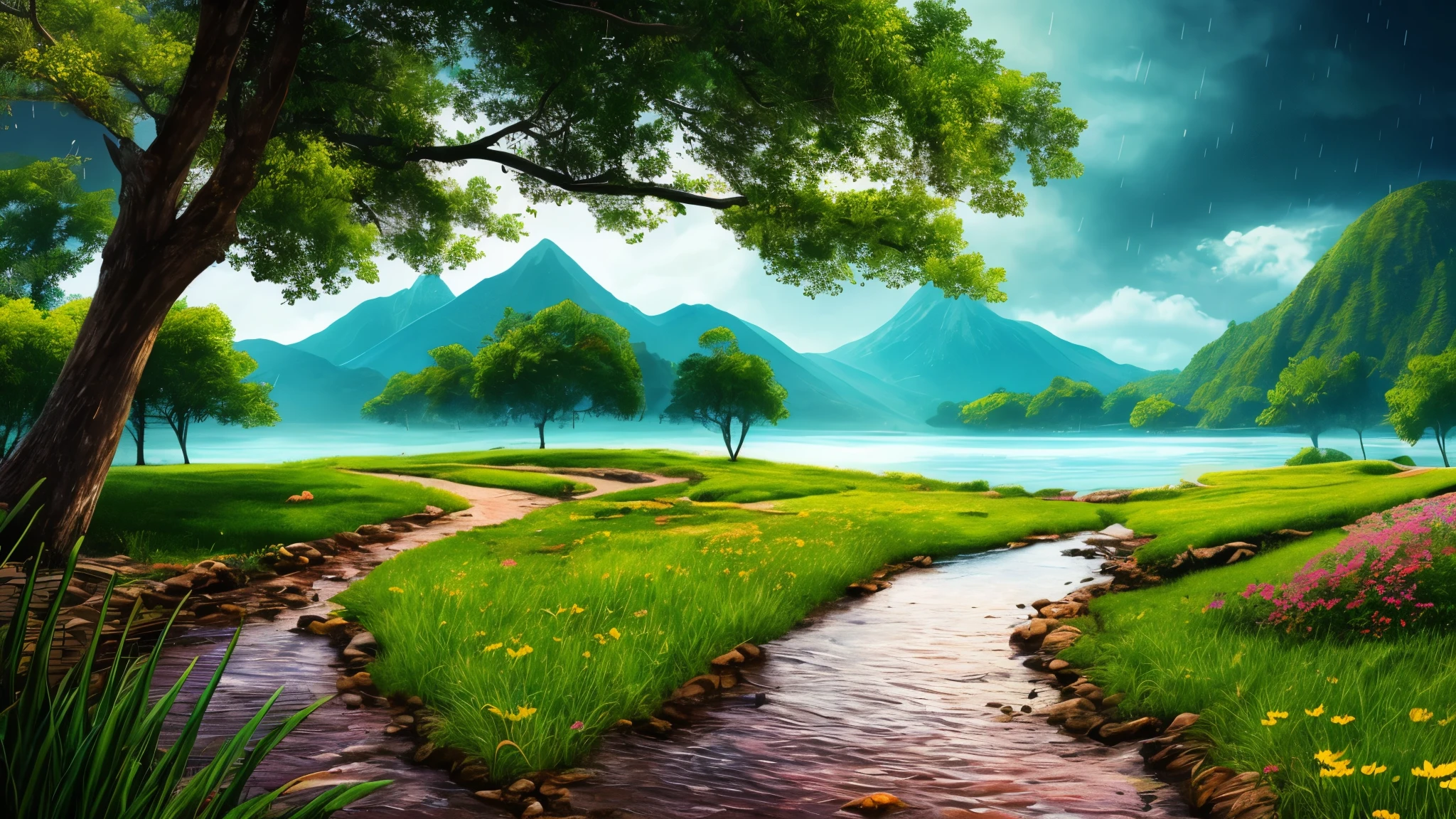 masterpiece, 最high quality, high quality, Very detailed CG unity 8k wallpaper, Vibrant colors、Colorful flowers、rain、rain、rain、an extremely colorful and pure fantasy environment, bright green grass landscape, colorful trees々々々, Shining Fruit, Bright blue flowers. The color of the river is deep blue, The air is filled with sweet exotic scents. The environment is dreamy, Award-winning photography, Bokeh, Written boundary depth, High resolution, bloom, chromatic aberration ,Realistic,Very detailed, Talked about at the art station, cgsociety Trends, Complex, Attention to detail, dramatic, art：The middle of a journey
