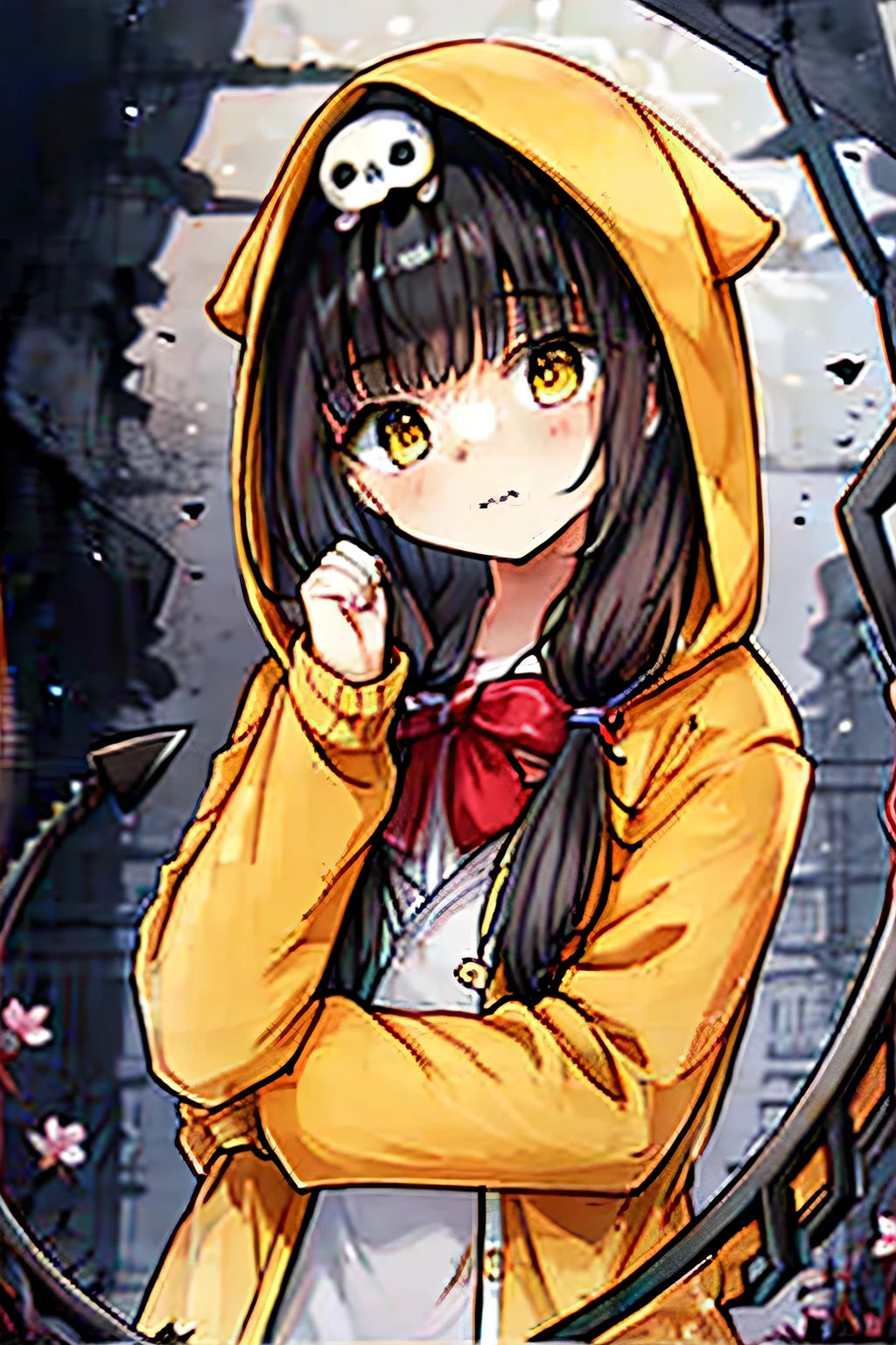 alone,1 Female\(grim Reaper),,Hair color is chestnut brown,Twin tail hair,Eye color is yellow,Big eyes,White skin,(((Glare))),(((Wearing the yellow robes of the grim reaper))),(((Yellow hood))),(((Holding a scythe))),skip,Flower Hair Ornaments,(Body transparent:0.8)\),background\((Black Sky:1.5),(((Skull on the ground))),(((Withered flowers are blooming all over the ground))),(((Red water))), break ,quality\(8k,Highly detailed CG unit wallpaper, masterpiece,High resolution,top-quality,top-quality real texture skin,Surreal,Increase the resolution,RAW Photos,highest quality,Very detailed,wallpaper\),Dynamic Angle,(((whole body))),