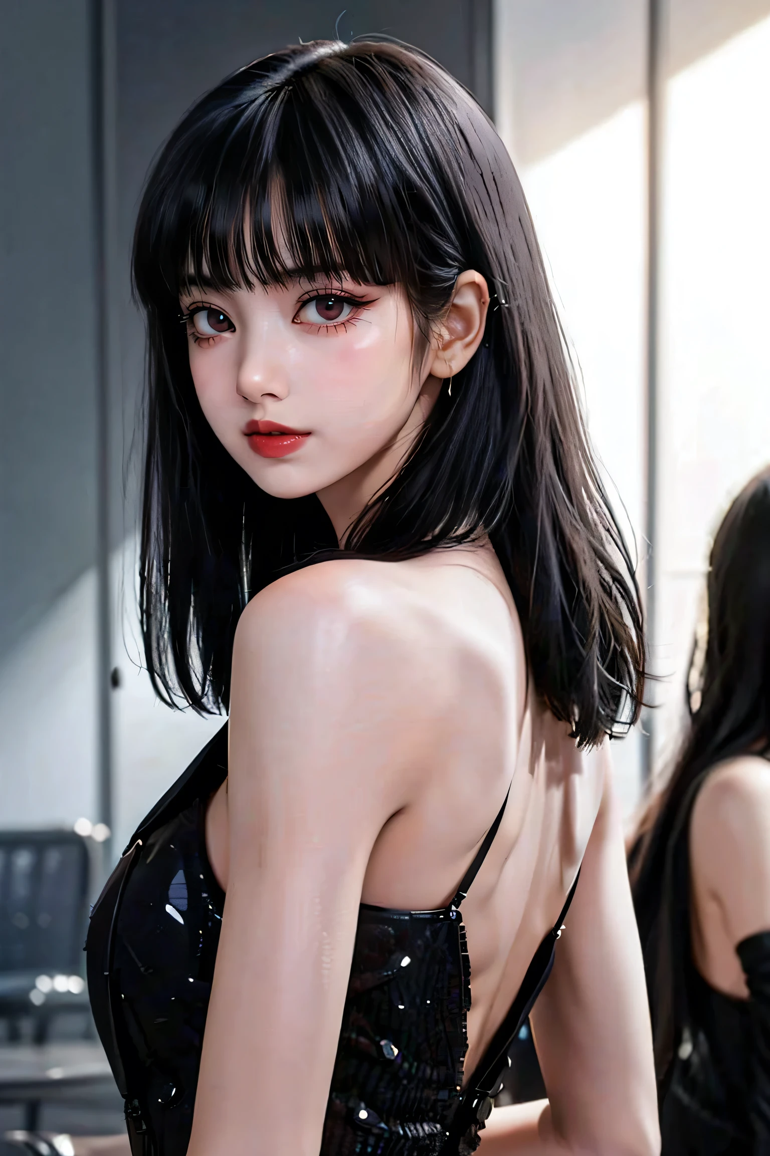 tsuruta ichiro, Narrow-eyed, 1girl in, Allback、deadpan、short-hair、shorth hair、brow、Reluctance、A dark-haired、Tucked Hair Solo, Cowgirl, Onepiece, ((mideum breasts)), Thin slit eyes、Black eyes, Light shines on the eyes、Black hair, gloves, Dress, Luxurious Jewelry, earrings, sharp eye、 elbow groves,Raise your hands and tie your hair back, random color, random color dress, Makeup for long eyes, Slender eyes、lip stick, Complex petal pattern, Rim Light, Back Light, pastel color,Studio Lighting