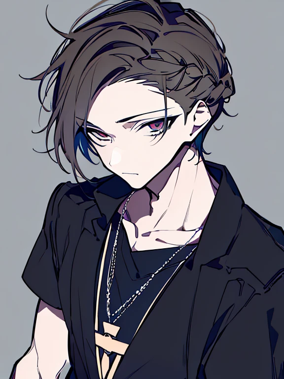 masterpiece,1 boy, Solitary, Simple background, looking at the audience, A faint smile, Metal necklace, Room, bandage, Black pants, Troublemakers, Yankees, Accessories, Light brown two-tone hair color, Unique hairstyle, fashionable, French Braid, Simple background, black background, whole body, Strange eyes