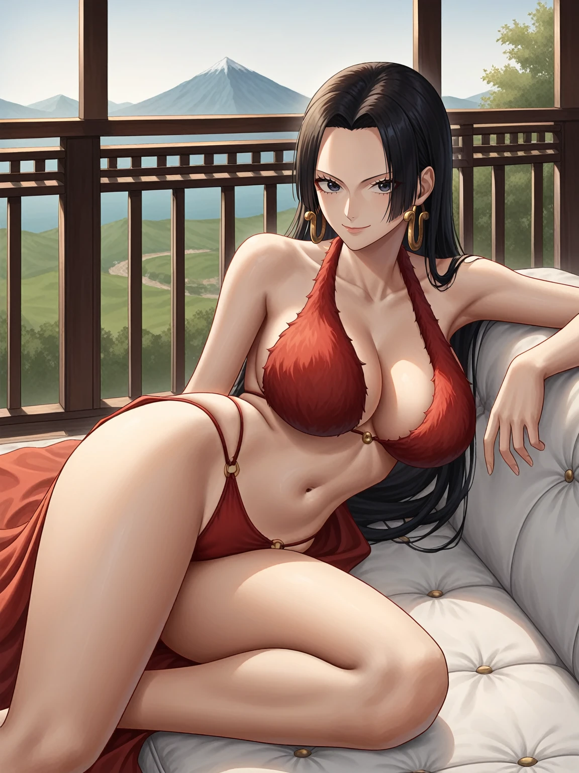 source_anime,score_9,score_8_up, score_7_up, 1girl,solo,outdoors,one piece, boa hancock, couch, indoors, seductive, face closeup, ((closed mouth)), smirk, thighs, long shot, balcony, mountain background, fancy, white couch, laying, leaning, fronr view, red underwear, red panties with rope outline, fur bikini