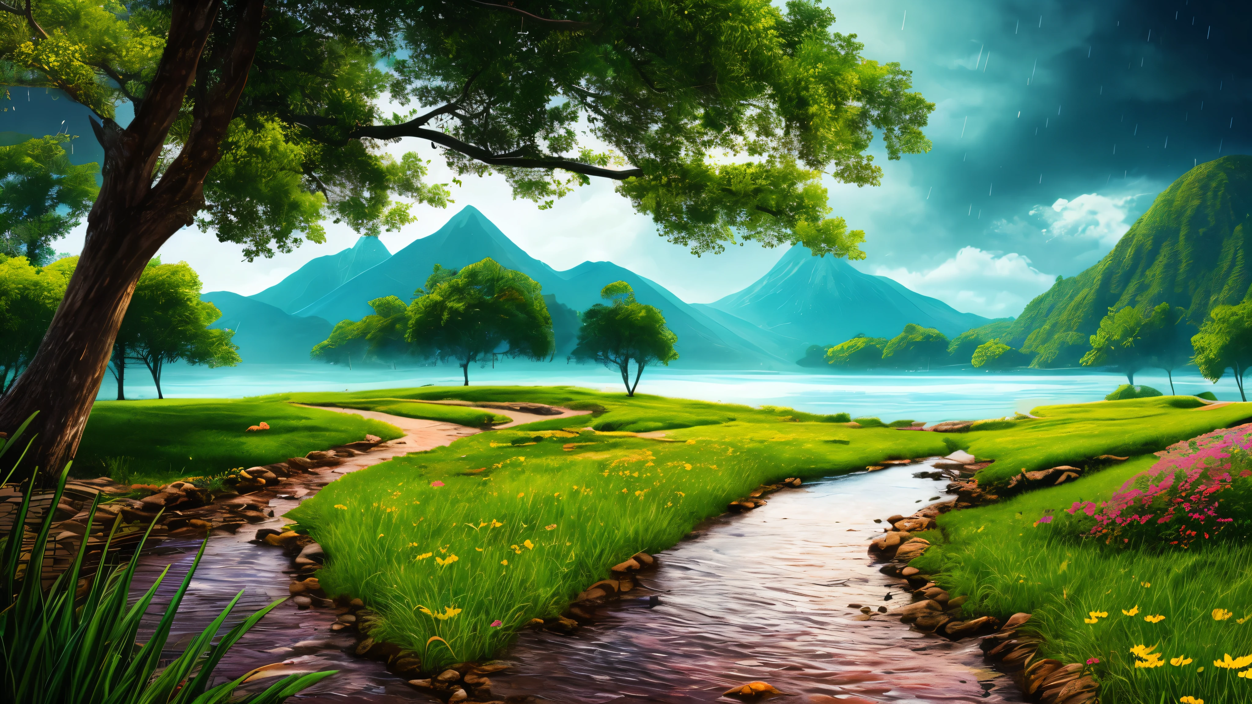 masterpiece, 最high quality, high quality, Very detailed CG unity 8k wallpaper, Vibrant colors、Colorful flowers、rain、rain、rain、an extremely colorful and pure fantasy environment, bright green grass landscape, colorful trees々々々, Shining Fruit, Bright blue flowers. The color of the river is deep blue, The air is filled with sweet exotic scents. The environment is dreamy, Award-winning photography, Bokeh, Written boundary depth, High resolution, bloom, chromatic aberration ,Realistic,Very detailed, Talked about at the art station, cgsociety Trends, Complex, Attention to detail, dramatic, art:The middle of a journey
