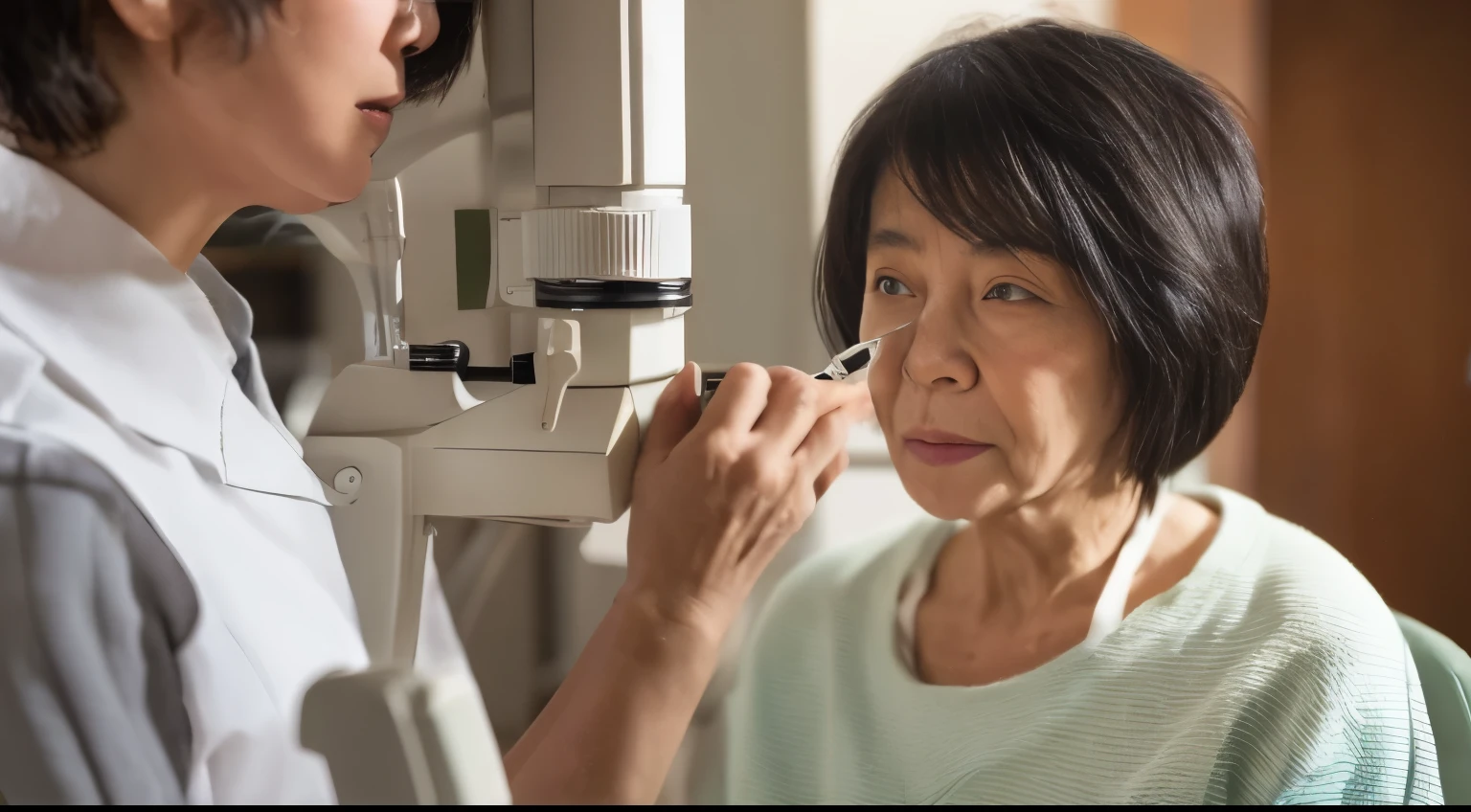 Elderly Japanese woman having an eye exam
