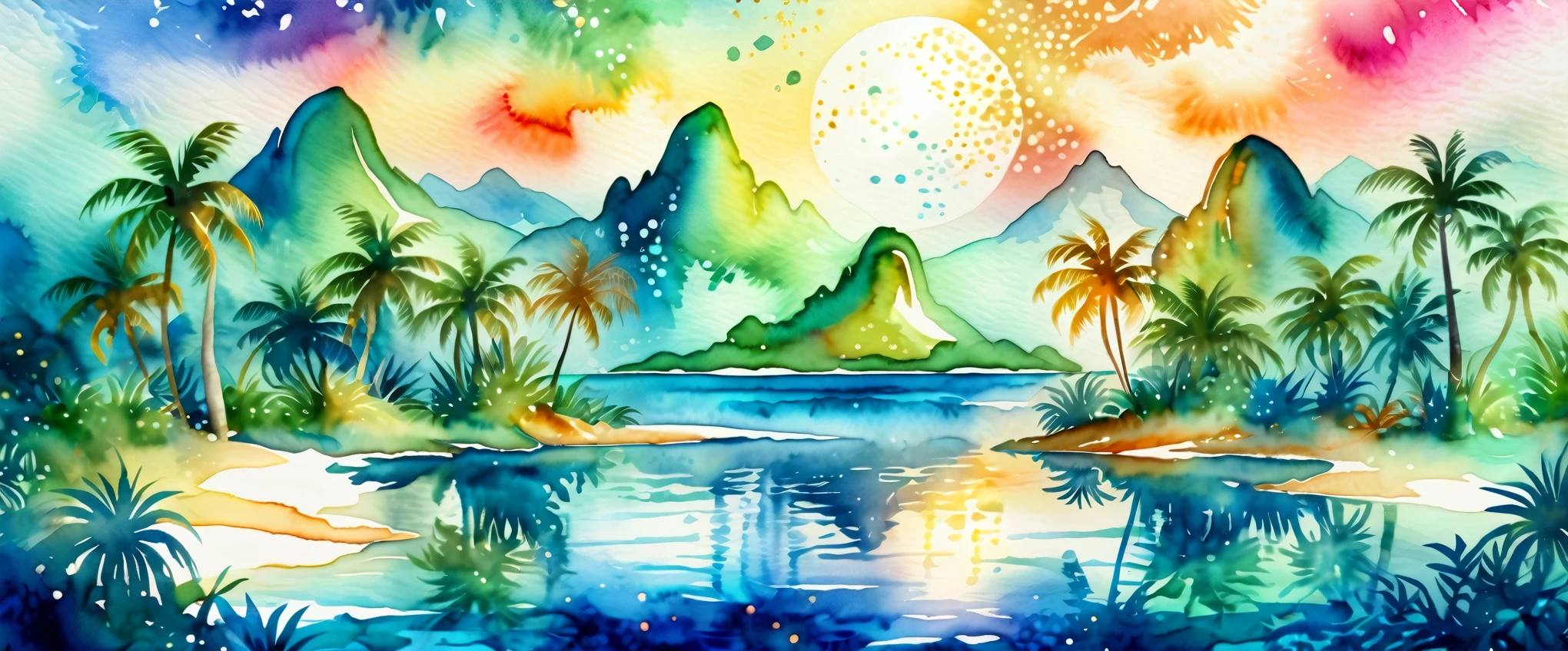 (Absurdres:1.2), exquisitely detailed shimmer landscape of a beautiful tropic utopia, ethereal, shimmer, approaching perfection, ultra-high quality, bokeh, 8k resolution, watercolor painting | ((More_Detail))