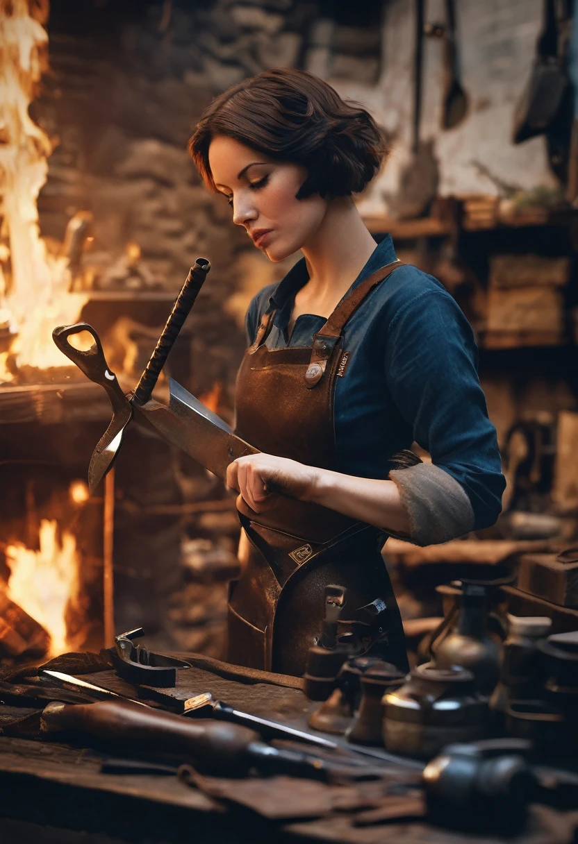 highly detailed analog photo of weaponsmith:1.2, realistic, depth of field, blurry background, 
1girl, short hair, black gloves, brown hair, closed eyes, fireplace, forge, gloves, holding tool, knife, lips, looking at viewer, skirt, solo, weaponsmith, workbench, working realistic:1.3, 
masterpiece, best quality:1.1, 
(analogue photography:1.2), 