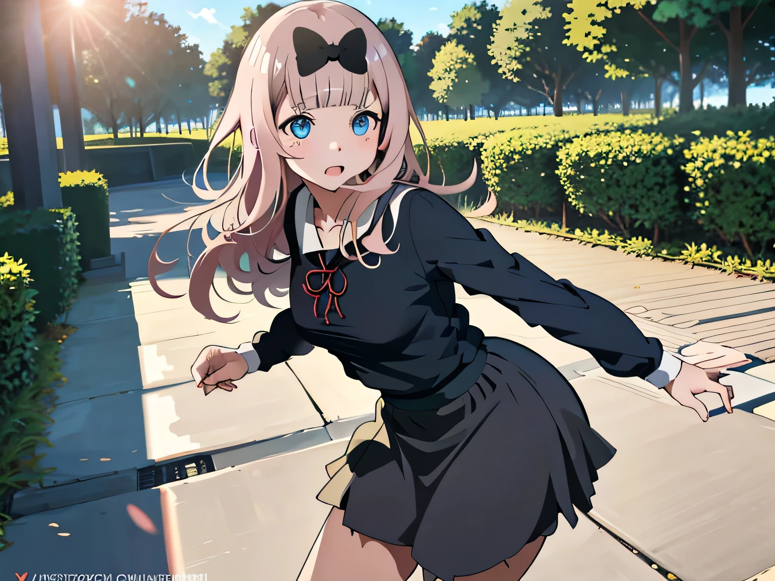 8k,master piece,high quality,Chika fujiwara in a park, wearing black micro sexy skirt ,sexy expression, realistic skin, realistic,bright light,bright environment,sexy looking,sexy ,sexy anatomy,single