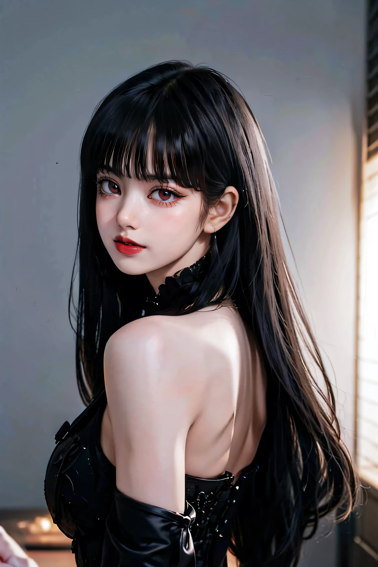 View from behind、(Realistic painting style:0.9), Tabletop, One Girl, alone, chest, Long Hair, Black see-through dress, Grey Hair, Chest cleavage, View your viewers, smile, Mouth closed, bangs, Grey Eyes, Big Breasts, Expose your shoulders, Large chest, Sexy pose、View from behind,Sexy Style