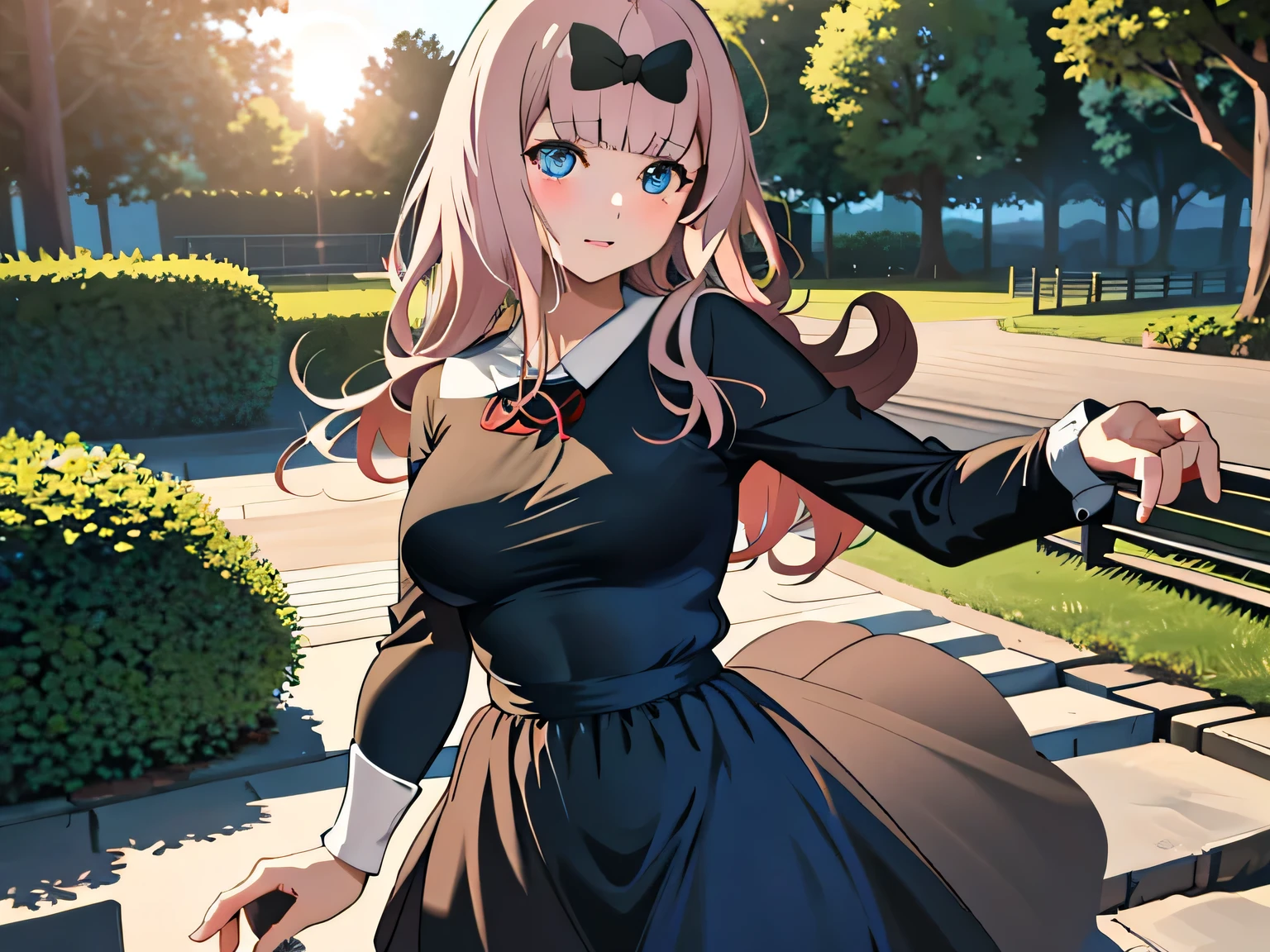 8k,master piece,high quality,Chika fujiwara in a park, wearing black micro sexy skirt ,sexy expression, realistic skin, realistic,bright light,bright environment,sexy looking,sexy ,sexy anatomy,single