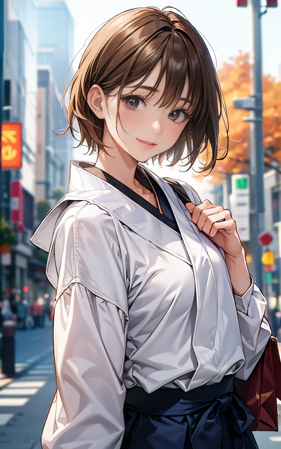 Cute 21 year old Japanese、city、shopping、Super detailed face、Pay attention to the details、double eyelid、Beautiful thin nose、Sharp focus:1.2、Beautiful woman:1.4、(Light brown hair,short hair、),Pure white skin、highest quality、masterpiece、Ultra-high resolution、(Photorealistic:1.4)、Highly detailed and professional lighting、nice smile、Show your whole body、Cute autumn clothes、