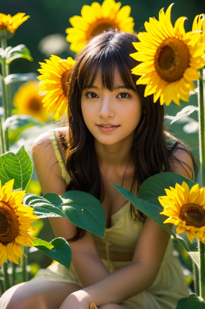 Situation: In a field of sunflowers spreading all over, her smile as bright as the sun is dazzling!Her energetic appearance blows away the summer heat!
   * Outfit: Mature bikini showing off her long
   * Expression: Spreading her hands wide towards the sun or bringing her face close to the sunflowers... Her innocent smile is the best!
   * Additional elements: Running through a field of sunflowers and jumping with sunflowers in the background!