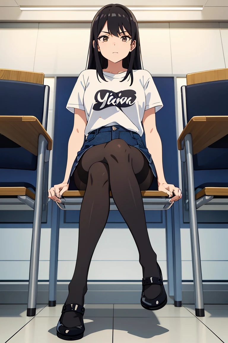 20 years old girl, medium tied black hair, hazel eyes, t-shirt, denim skirt, black pantyhose, in the class, sitting and showing her feet,whole body