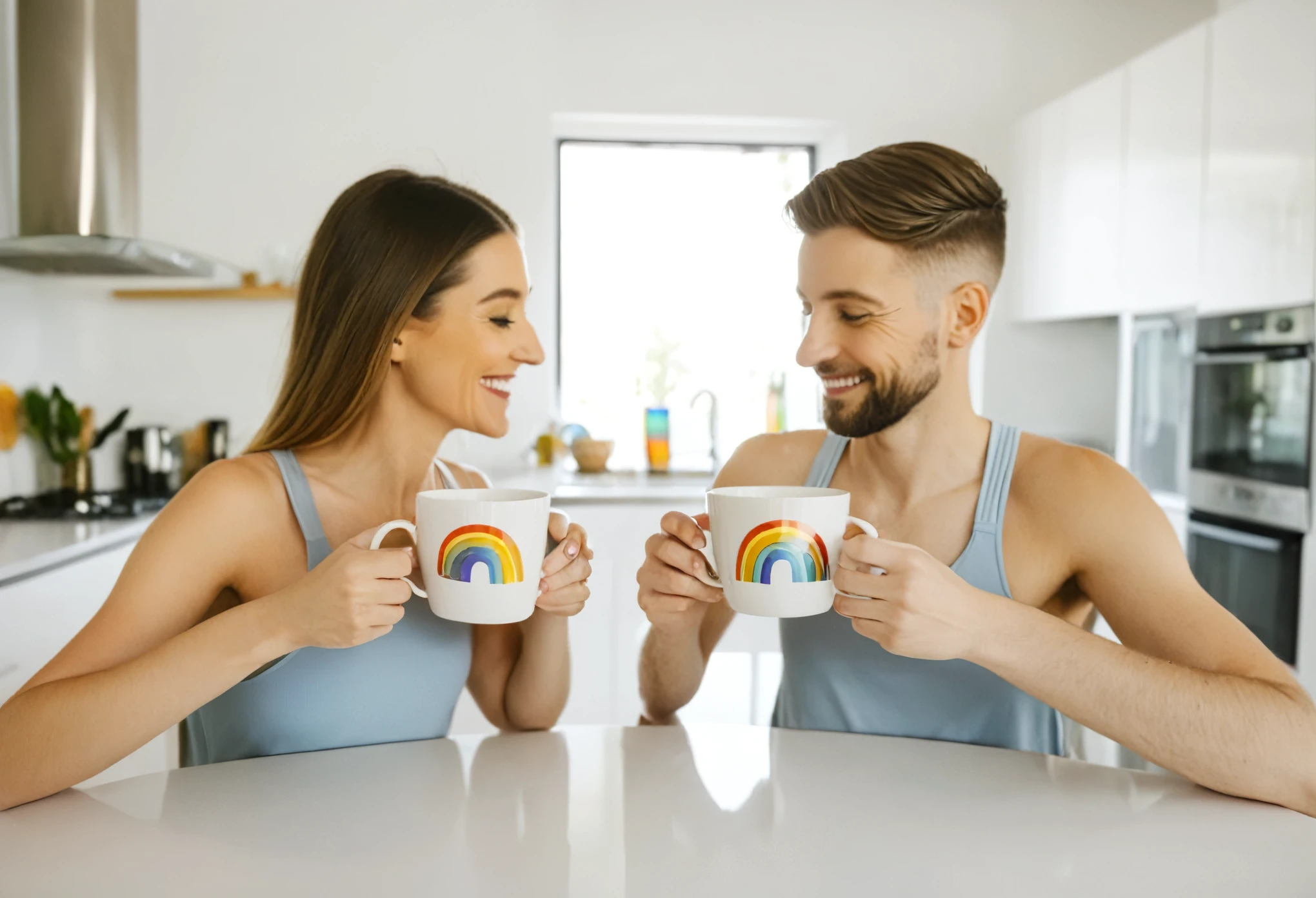 A minimalist shot of two people each holding a cup with a rainbow design, their faces reflecting quiet contentment and closeness, with a soft-focus kitchen setting in the background.