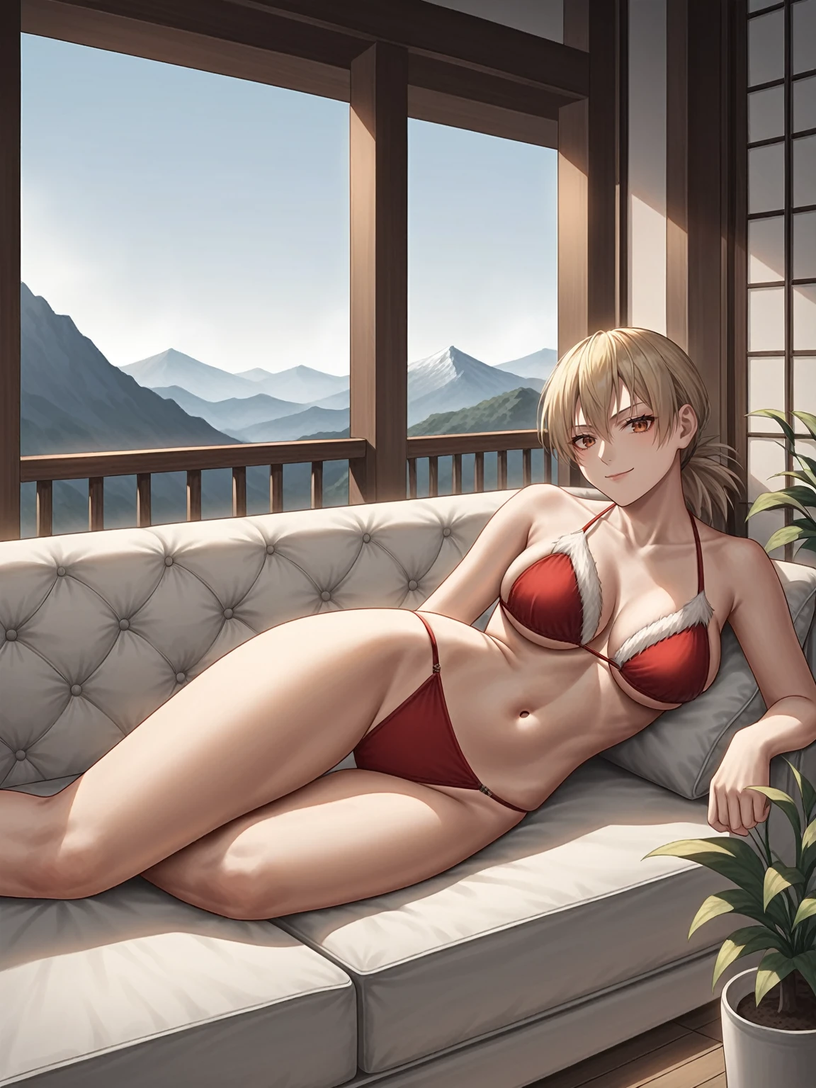 source_anime,score_9,score_8_up, score_7_up, 1girl,solo,outdoors,hellsing, seras, couch, indoors, seductive, face closeup, ((closed mouth)), smirk, thighs, long shot, balcony, mountain background, fancy, white couch, laying, leaning, fronr view, red underwear, red panties with rope outline, fur bikini