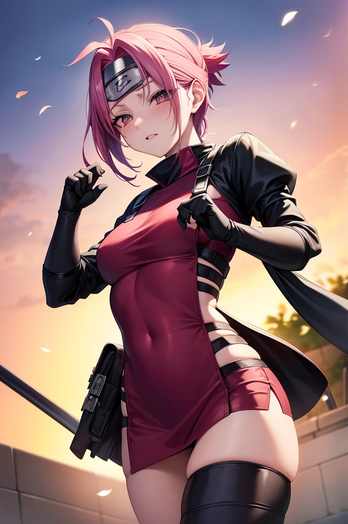 Character name: Sakura Haruno, full name: Haruno Sakura, (show name: Naruto) name character: Sakura Haruno, last name first name: Haruno Sakura, gender: female, specifics: young woman, specifics: ninja, specifics: kunoichi, specifics: pink hair, specifics: short hair, specifics: bangs, specifics: green eyes, specifics: vibrant green eyes, specifics: fierce expression, specifics: forehead protector, specifics: forehead protector with Leaf Village symbol, specifics: red dress, specifics: ninja outfit, specifics: black shorts, specifics: black gloves, specifics: black boots, specifics: medical ninja pouch, specifics: confident stance, specifics: determined look, specifics: headband, specifics: Sakura in action pose, specifics: strong aura, specifics: ready for battle, specifics: intense gaze, specifics: sakura blossoms in background, high quality, 8k, perfect image, best image, highly detailed, detailed, beautiful, ultra realistic, super resolution, stunning, exquisite detail, lifelike colors, cinematic lighting.