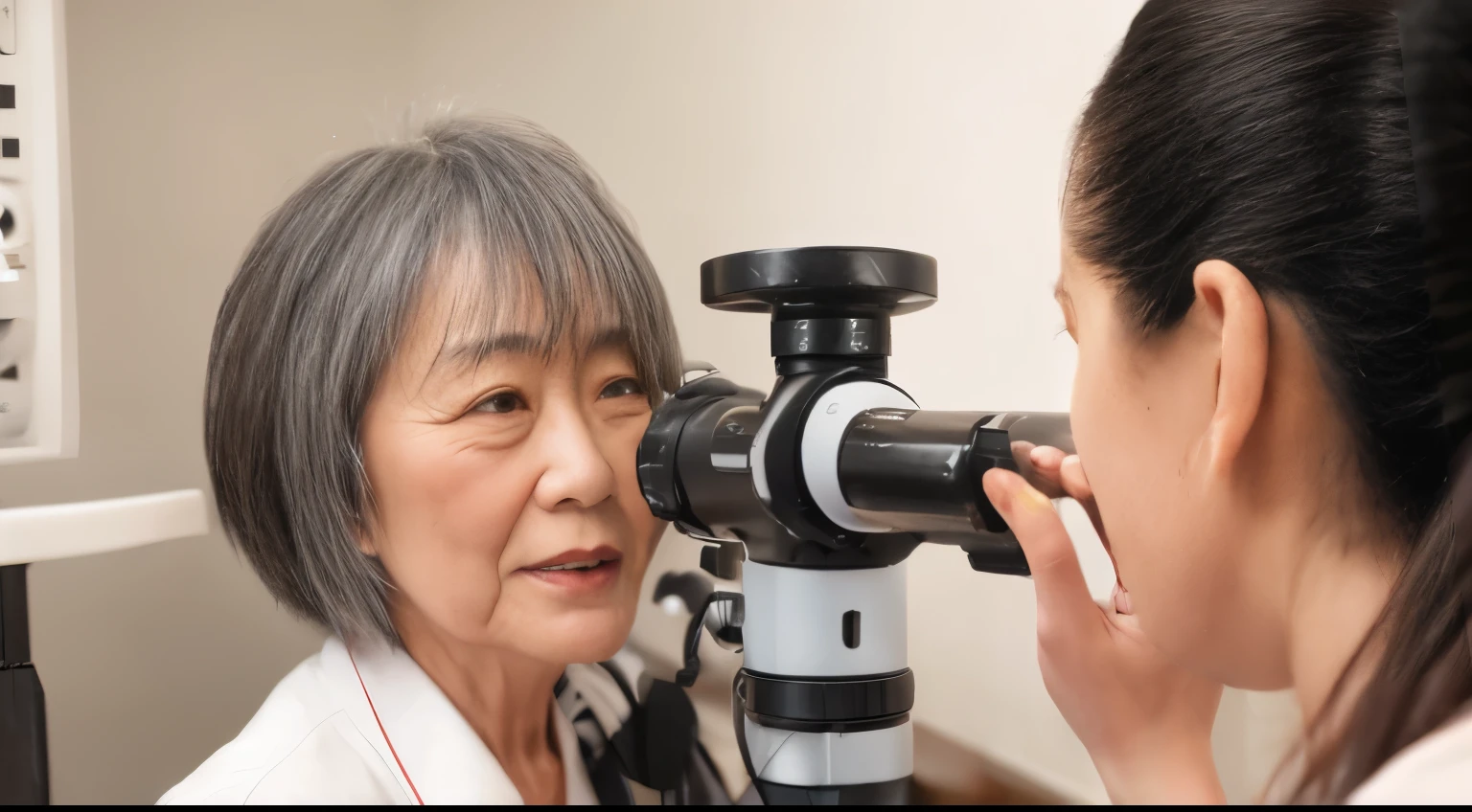 Elderly Japanese woman having an eye exam