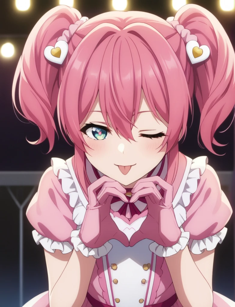 score_4, score_5, score_6, score_9, score_8_up, score_7_up, source_anime, fine anime screencap_xl, anime_screencap, pink hair, twintails, :p, frilled dress, frilled gloves, hair between eyes, long hair, +.+, star-shaped pupils, hair hair ornament, one eye closed, idol clothes, pink dress, pink gloves, pink ribbon, turtleneck_dress, tongue out, stage, stage lights, cowboy shot, heart hands, fisheye view