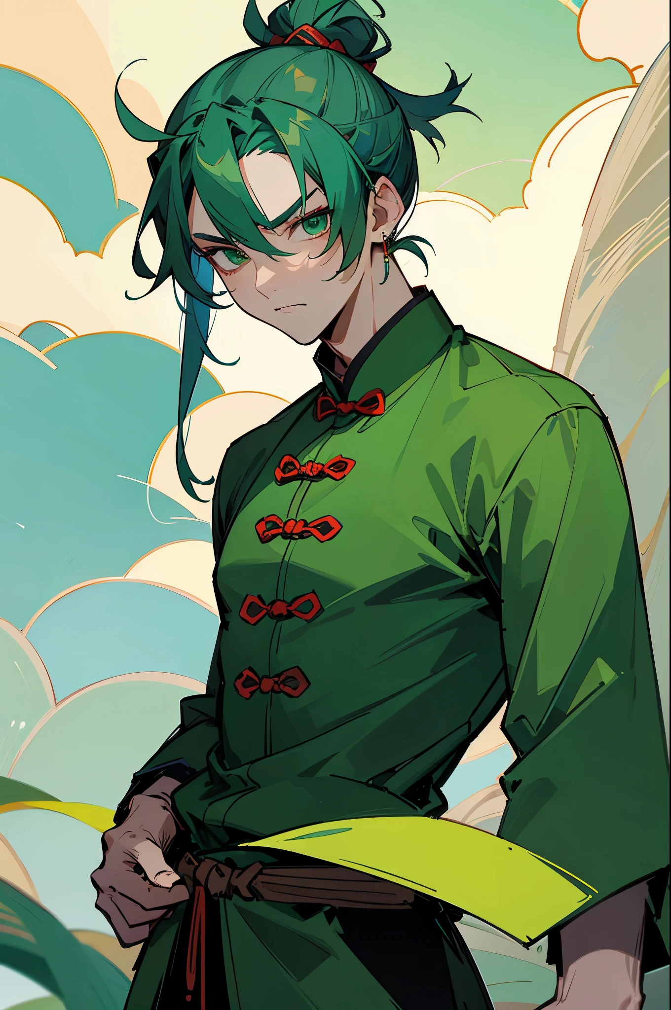 1.an ancient Chinese young ager boy, solo, wearing chinese outfit,green and blue color, bright, green hair, green eyes, dragonic features, serious face, one man bun,lean build, in the clouds, green earings, upperbody