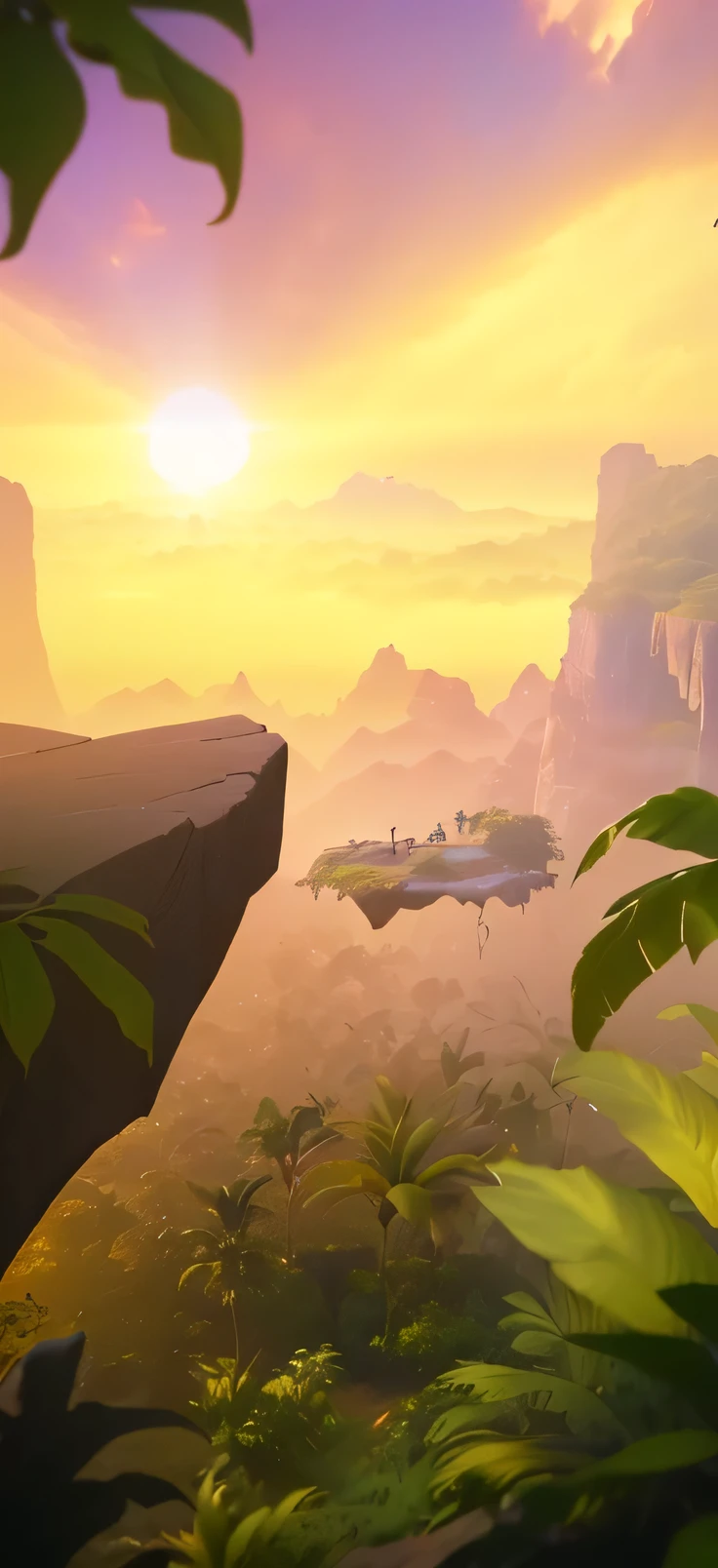 A man standing on a cliff, beautiful sunlight, VR operating system user experience, unified screenshot, rendered in Unity 3D, jungle in the background, jungle environment, background jungle, background artwork, cinematic shot, tropical atmosphere, stylized 3D rendering, game environment, cliff edge, rendered in Unreal Engine, computer screenshot