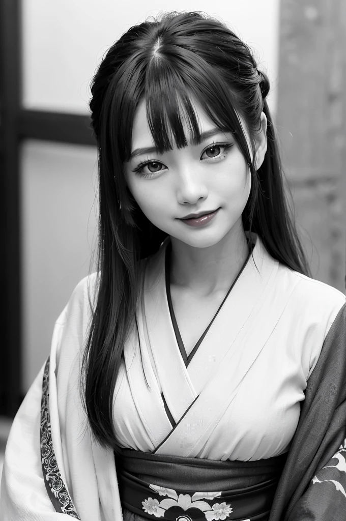 masterpiece: 1.4, Highest Quality: 1.5, Cinematic: 1.3,
((Photorealistic: 1.4, Black & White film grain: 1.2, Ultra-detailed, finely detailed, High resolution: 1.5)),
Wallpaper,
((Elegant 23 years old Japanese woman in a Kimono: 1.6)),
((Bangs: 1.3, beautiful detailed eyes, Dark eyeshadow, Black eyeliner, Long lashes, Natural color lipstick)),
((A mysterious and alluring smile: 1.5)),
((Razored bangs: