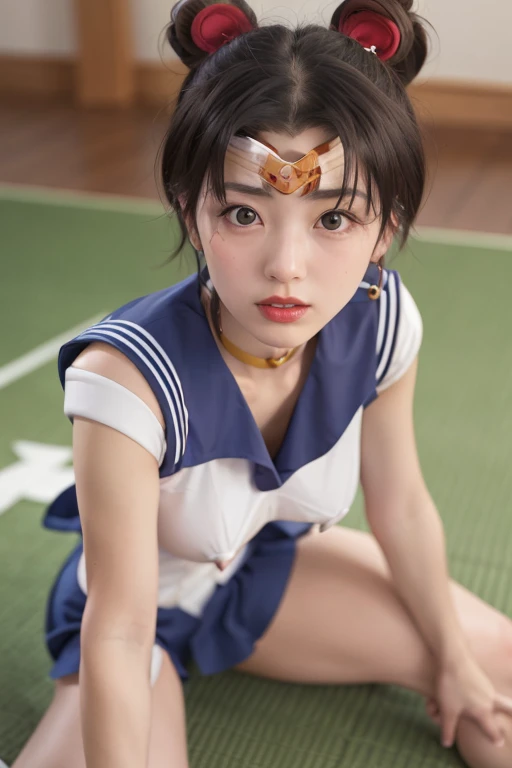 highest quality, 8k, High resolution, Very detailed, Realistic:1.37, anti-gravity environment, Beautiful Japanese Woman, Mature Woman, Lady, Elderly woman, 55-year-old married woman, ((Small breasts)), Beautiful breasts, Soft Breasts, Sexy Breasts, Sweaty skin, (Full body emphasis), Fine lines, Beautiful Lips, Sparkling eyes, Look straight ahead, (Red lipstick), Japanese-style room, tatami, Low Ponytail, Obscene appearance, (((Sailor Moon Costume:1.2))), Break, ((Spread your legs)), Functionalism, Hedonism, 