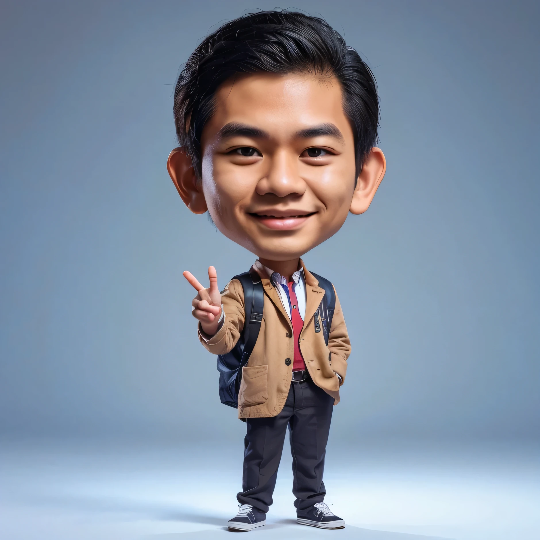 caricature drawing, young Indonesian man with big head, wearing student coat, standing, two fingers pose, studio background, 3d, realistic