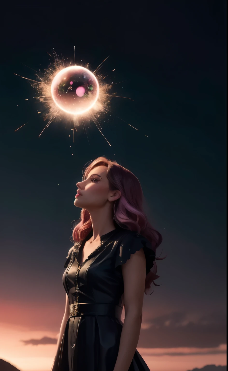 A crunchy dreamy woman in charge of colorful jet black, a wide landscape shot of a techno nightmarish landscape background, a mysterious, translucent glow of green and pink liquid in tattered women's church clothes. The body of a sphere filled with bubbles is shattered,