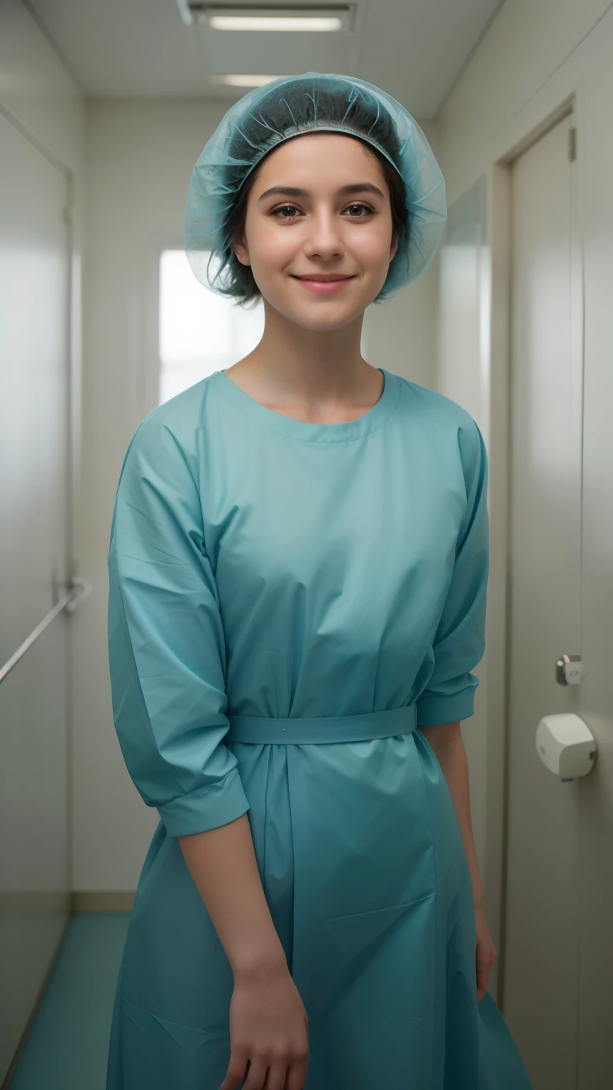 A Realistic Portrait, of a ager girl (Alizée) , pediatric patient ,15 yeautiful, detailed face, detailed eyes, (realistic skin:1.3), (pale skin:1.1), (textured skin:1.3), (()), big smile, (iphone photograph), ), (artificial lighting:1.3), looking at the camera, , amateur Photography, Photorealistic, Detailed, analog, poor quality, standing in medical change room, beautiful face, big eyes, big smile, detailed face, wears teal nylon patient gown with , putting long patient gown on, back-tied patient gown,, high closed crew-neck, bokeh, all wearing large teal nylon bouffant cap , , large surgical bouffant cap covering hair and ears, ultra-short hair fully covered by nylon shower cap, no hair tails, standing in hospital room