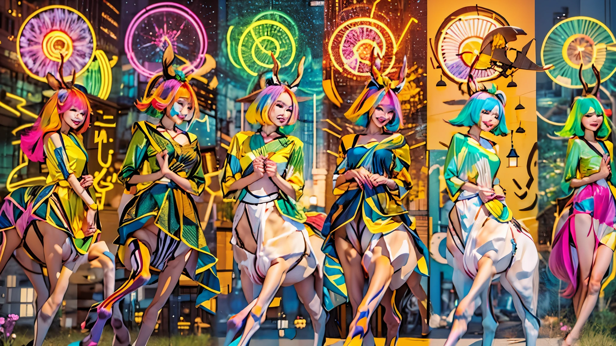 In the beautiful illustration of this super-grand scene,The ultra-distant lens shows us(More than eight distinctive and beautiful Centaur characters:2.7),Their personality、Distinctive and vivid features。from(A radiant, angelic, snow-white centaur from heaven:1.1),arrive(Nightmare-like fiery red centaur surrounded by flames:1.1)、再arrive(Green Centaur, the wind fairy dancing in the air:1.1)、再arrive有(One-horned blue centaur surrounded by lightning:1.1),arrive(A mechanical-style mecha Centaur shining with metallic light:1.1)、再arrive(A powerful dragon-shaped centaur wearing colorful dragon scale leather:1.1)、再arrive(A slender elven centaur that is graceful and agile:1.1)Gracefully wears a flower crown、arrive(Enchanting and charming Tiflin centaurs:1.1)、再arrive(A succubus centaur with an indescribably sexy feeling:1.1)。Each Centaur character fully demonstrates his unique style。The illustration uses advanced artistic techniques and tools,Use nesting、Weaving、Splicing、perspective、interlude、Montage and other artistic techniques,Divide the scene into sections by geometric arrangement,Each part corresponds to a role,from而更有效地利用了空间,Make eight centaurs exist in one picture at the same time,(The style tends to be grotesque、Hayao Miyazaki、Aesthetic、indescribable:3.3)。Through Midjourney's advanced brush tools、Color palette、Material packs和模型包、Texture tools,For each centaur, beautiful props are designed to increase racial characteristics、Clothing and physical features,Enhances the character's personality and visual appeal,(Stunning landscapes in illustrations,There are changing skies、rainbow、aurora、Stars and Moon,Incorporating iconic landmarks such as Mount Everest,and fireworks、Tranquil Lake、Natural and urban elements of waves and neon lights,Creates a magical atmosphere:1.5),Centaurs demonstrate their unique abilities and equipment in a variety of environments,This is true even in extreme alien landscapes。Use Midjourney's tools、Material packs、Texture tools、The color palette makes depicting details vivid and realistic,from复杂的发型和以及不同的种族特质、Body、Appearance features、服装arrive真实的纹理,Greatly improved the realism of the Centaurs and their surroundings,The fusion of multiple art styles adds dynamism to the character's movement at all angles,The overall visual experience is further enriched。The final illustration was described as a "masterpiece",It has the characteristics of "best quality" and "realistic",The details put into the creative process are shown、Level of creativity and craftsmanship。 hdr,(Reality,Masterpiece quality,Best quality)