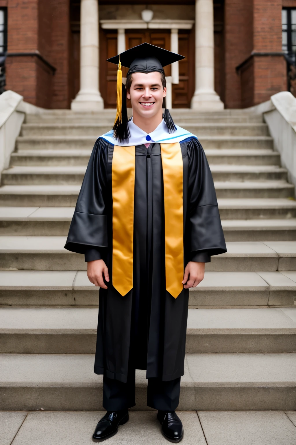 white American male,Age 23 years,Wearing a university graduation gown,Holding a tassel hat in hand,With a smile on your face,Exposing the whole body,Wearing leather shoes