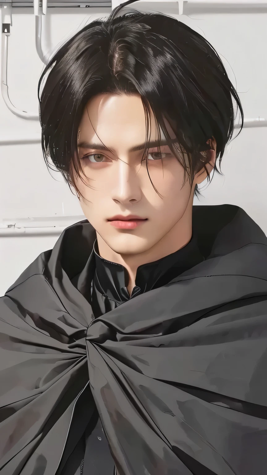 Handsome image of a man with a black cape on his shoulders, levi ackerman.