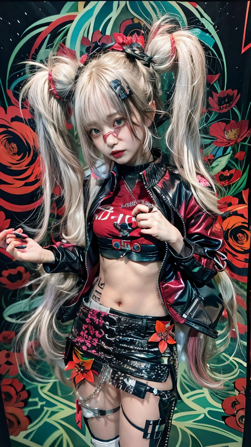 cyberpunk_(series) cyberpunk_edgerunners rebecca_(cyberpunk) highres spoilers 1girl artificial_eye black_jacket blood blood_from_eyes blood_from_mouth colored_sclera colored_skin corpse death flower flower_over_eye green_hair ((guro)) jacket mechanical_eye neck_tattoo open_clothes open_jacket petals pink_tattoo red_eyes red_sclera signature solo stomach_tattoo symbol_in_eye tattoo twintails twitter_username white_skin yellow_eyes